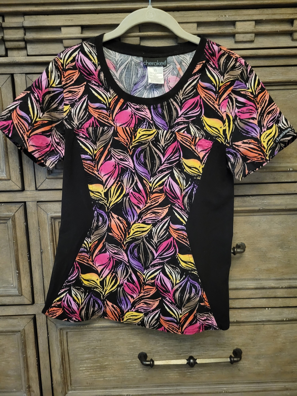 Cherokee Black Short Sleeve Top with Pink, Yellow, Orange & Purple Leaf Print